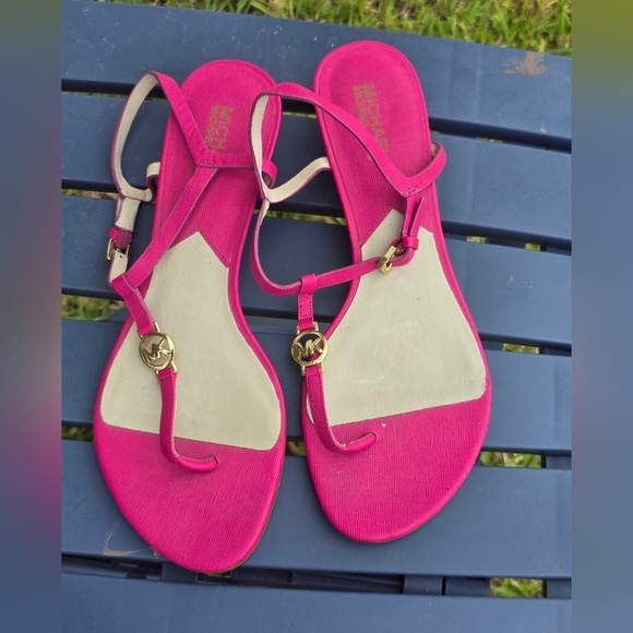 Michael Kors Nora Wedge Sandals Sz 10M Shoes Raspberry Pink Thong Logo Leather - Picture 6 of 15